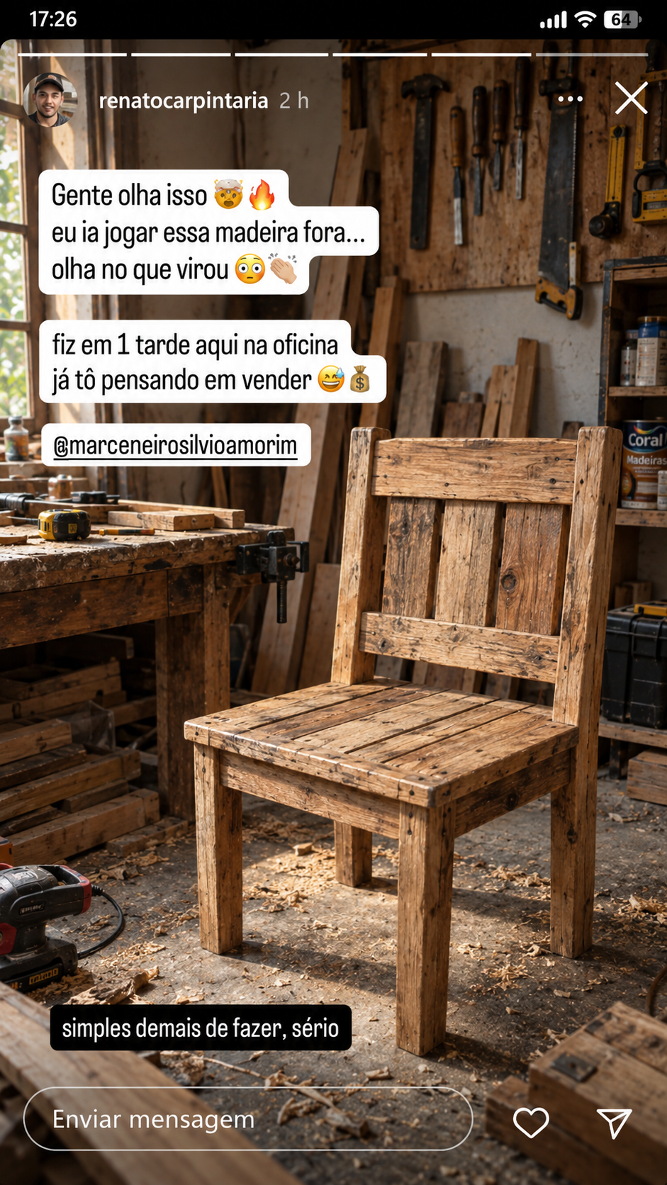 Relato de aluno mostrando um projeto rústico concluído 3